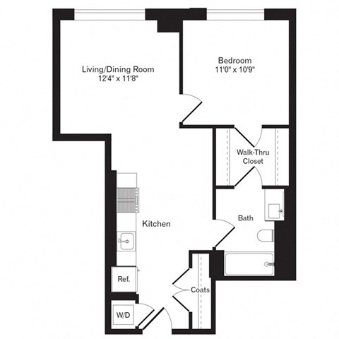 Floor plan for 1 bed, 1 bath, 637 sqft